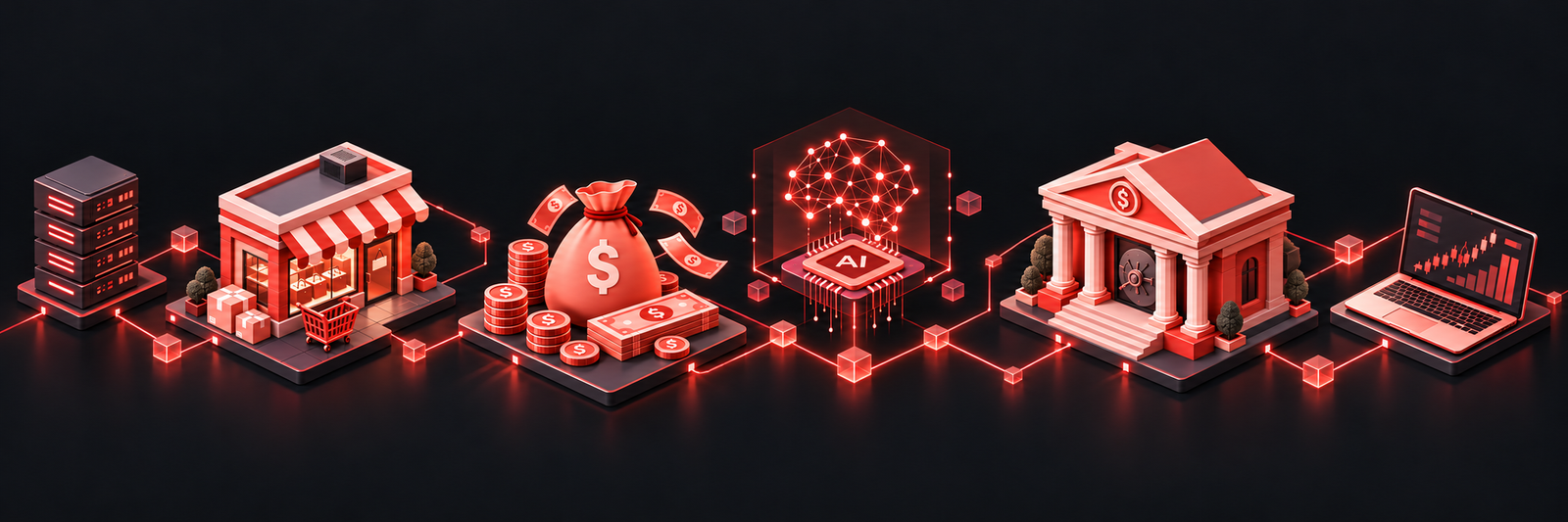 An AI-powered marketplace with a storefront, bank, money, servers and a trading screen.
